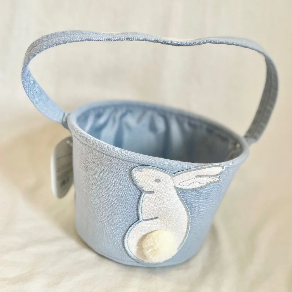 Threshold Blue Embroidered Bunny Easter‎ Basket Storage Tote with Pom Tail NEW